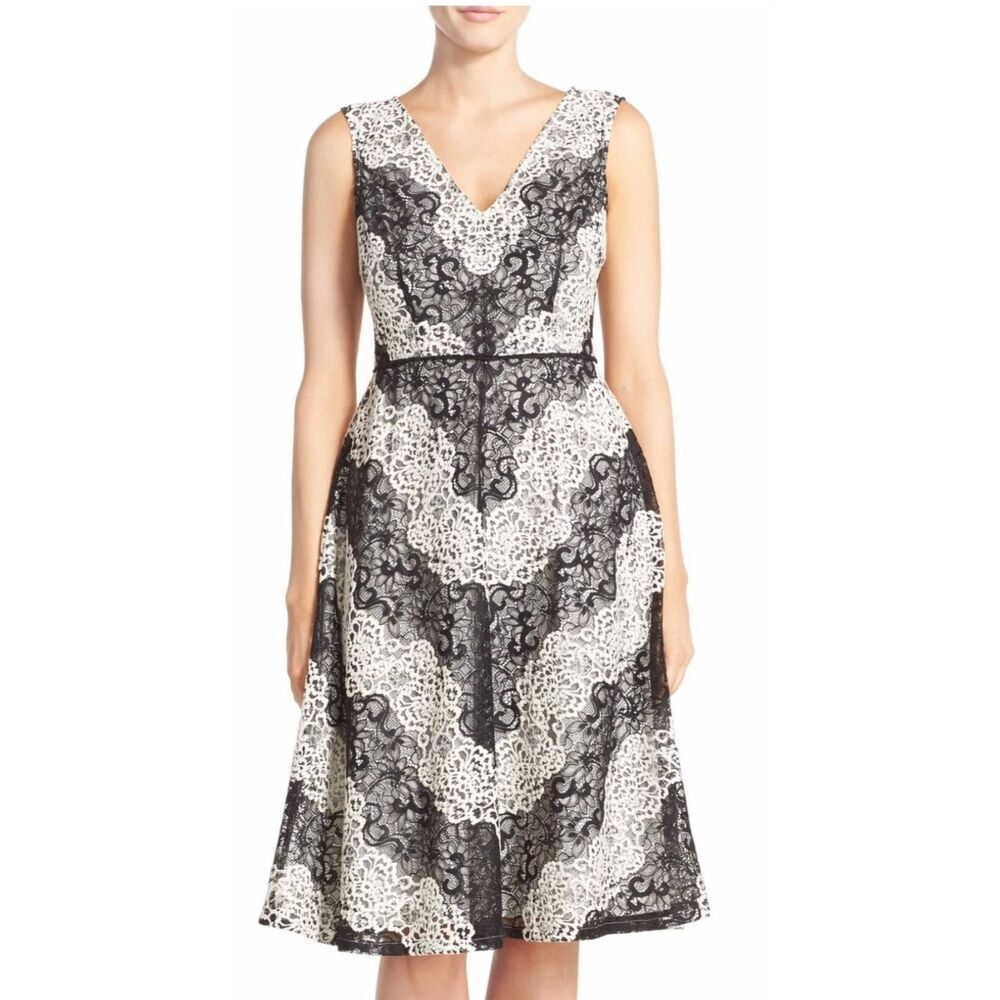 Adrianna Papell Blk/Ivory Chevron Lace Fit & Flare Dress, Slvls,V-Neck, EUC, 14W